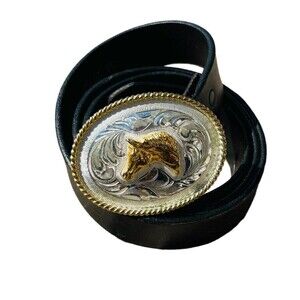 Leegin Leather Black English Bevel Belt # 27903 W Silver Horse Buckle Sz 38 USA